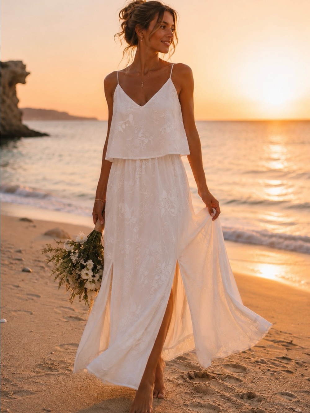 T.J.D. White Embroidered Layered Maxi Dress/Bridal Beach Wedding Size 8